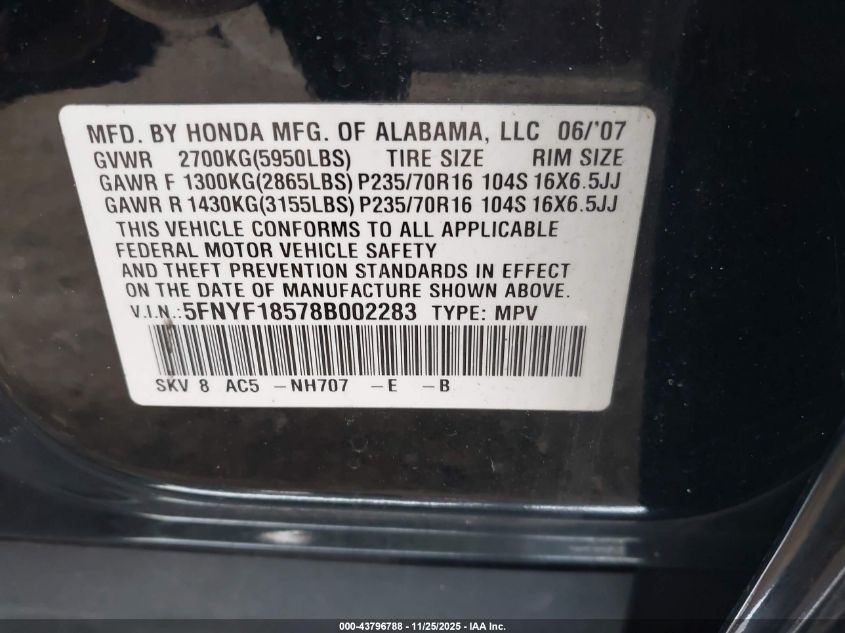 2008 Honda Pilot Ex-L VIN: 5FNYF18578B002283 Lot: 43796788