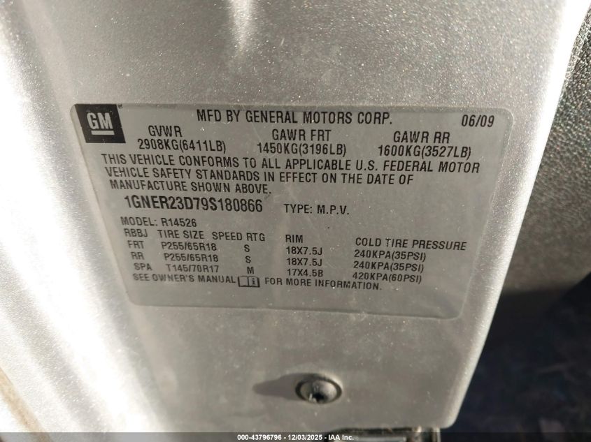 2009 Chevrolet Traverse Lt VIN: 1GNER23D79S180866 Lot: 43796796