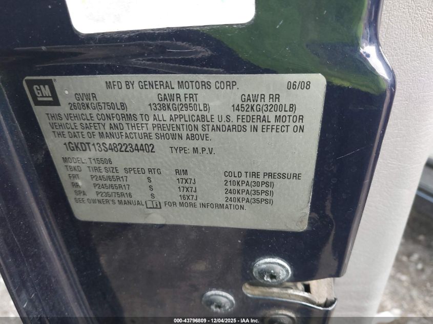 2008 GMC Envoy Sle VIN: 1GKDT13S482234402 Lot: 43796809