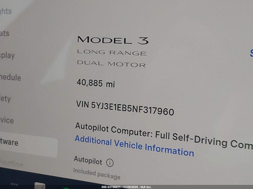 2022 Tesla Model 3 Long Range Dual Motor All-Wheel Drive VIN: 5YJ3E1EB5NF317960 Lot: 43796821