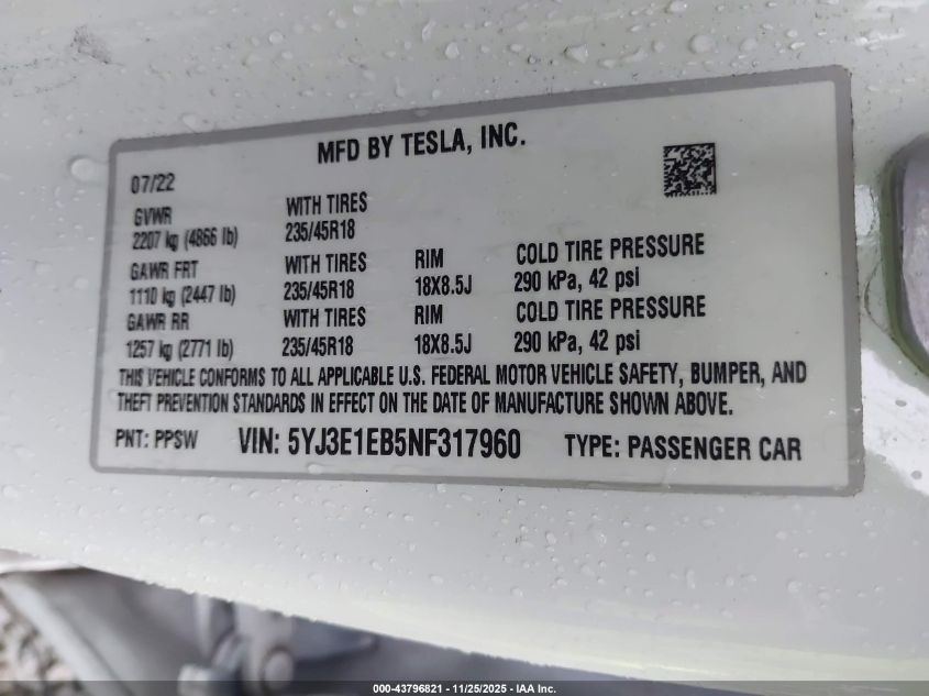 2022 Tesla Model 3 Long Range Dual Motor All-Wheel Drive VIN: 5YJ3E1EB5NF317960 Lot: 43796821
