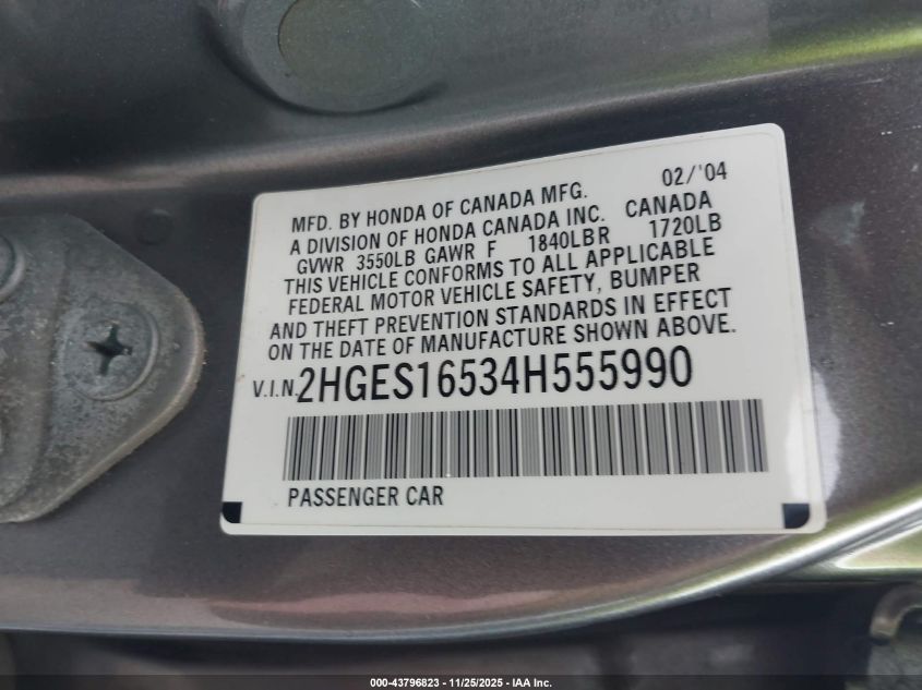 2004 Honda Civic Lx VIN: 2HGES16534H555990 Lot: 43796823
