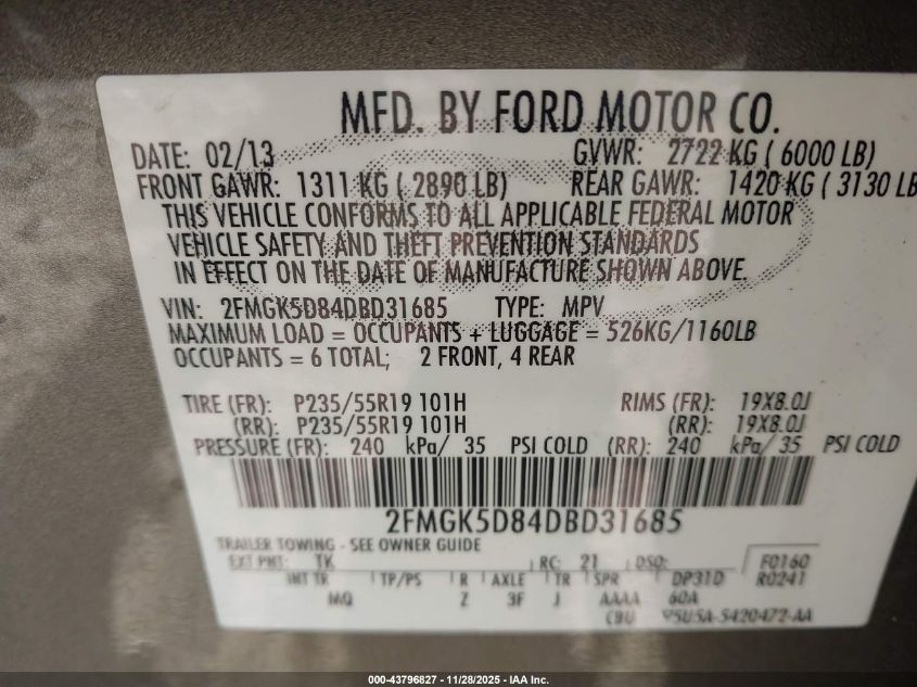 2013 Ford Flex Limited VIN: 2FMGK5D84DBD31685 Lot: 43796827