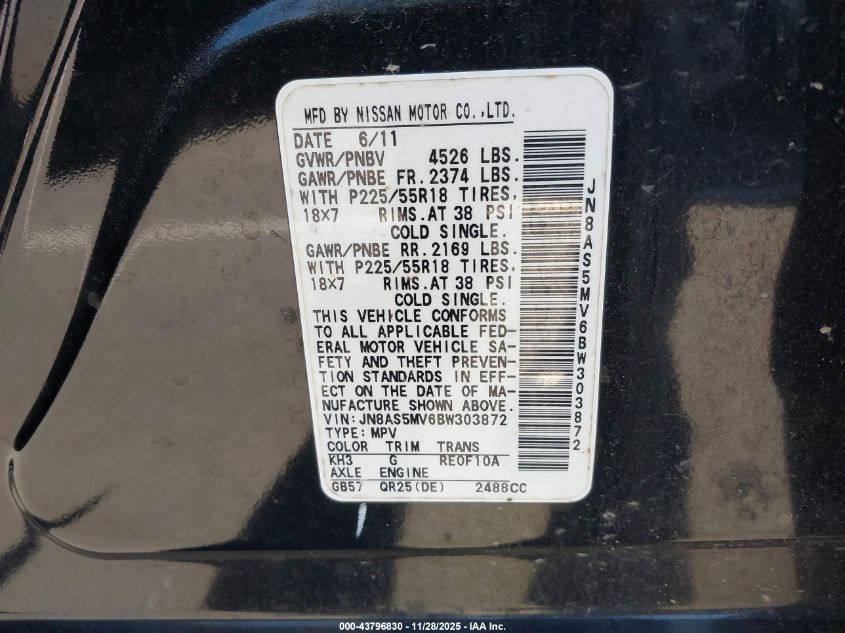 2011 Nissan Rogue Sv VIN: JN8AS5MV6BW303872 Lot: 43796830