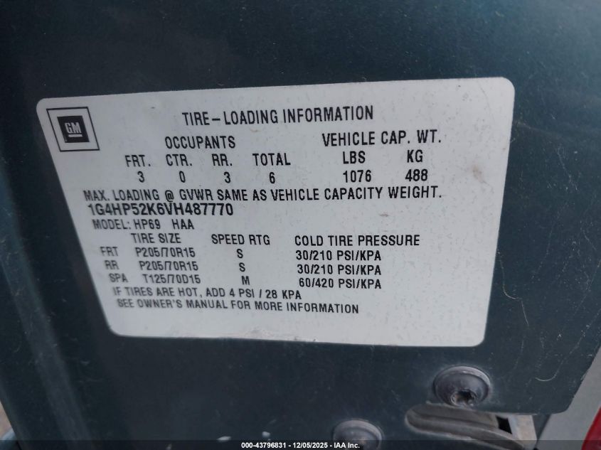 1997 Buick Lesabre Custom VIN: 1G4HP52K6VH487770 Lot: 43796831