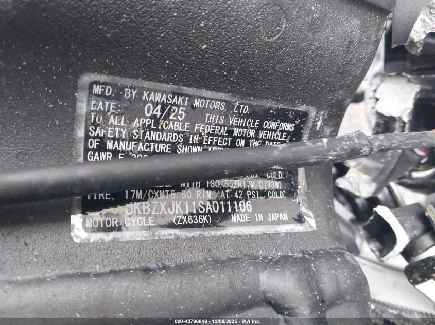2025 Kawasaki Zx636 K VIN: JKBZXJK11SA011106 Lot: 43796849