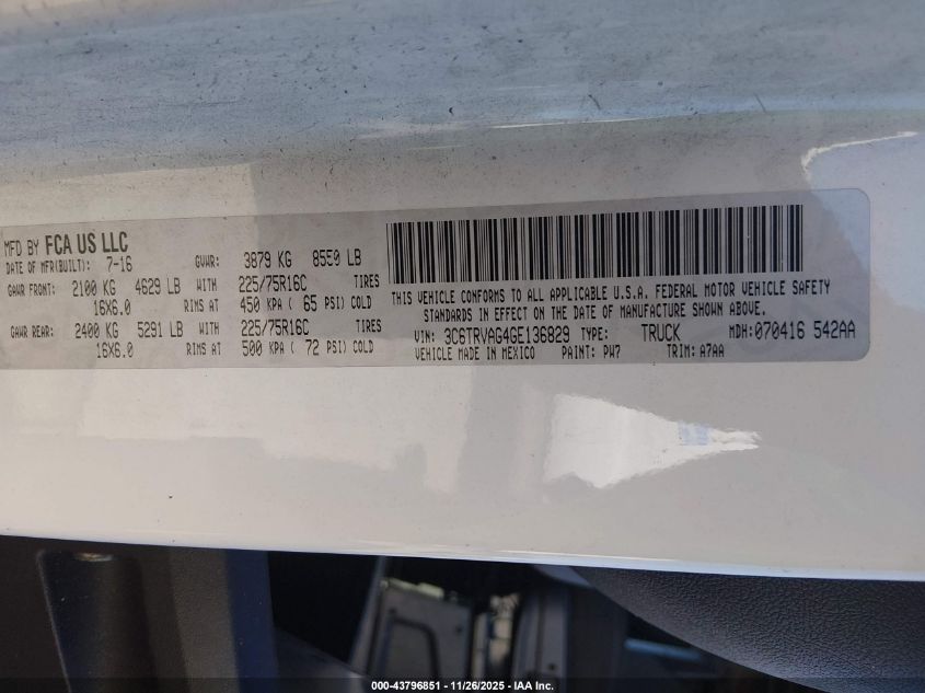 2016 Ram Promaster 1500 Low Roof VIN: 3C6TRVAG4GE136829 Lot: 43796851