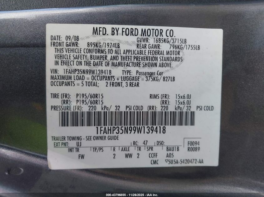 2009 Ford Focus Se VIN: 1FAHP35N99W139418 Lot: 43796855