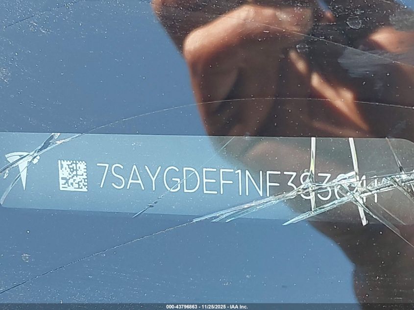 2022 Tesla Model Y Performance Dual Motor All-Wheel Drive VIN: 7SAYGDEF1NF383641 Lot: 43796863