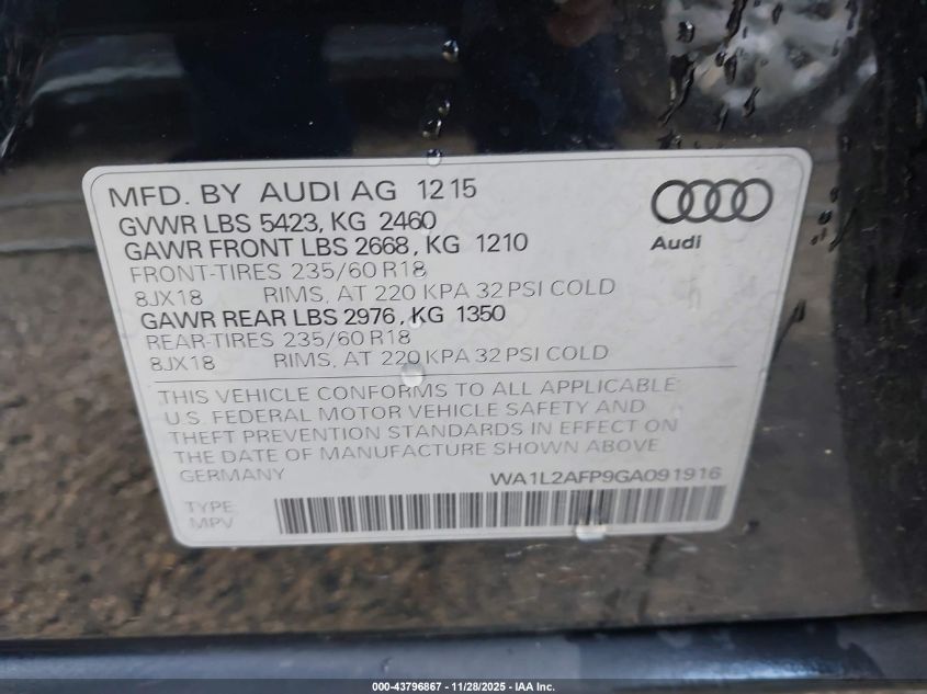 2016 Audi Q5 2.0T Premium VIN: WA1L2AFP9GA091916 Lot: 43796867