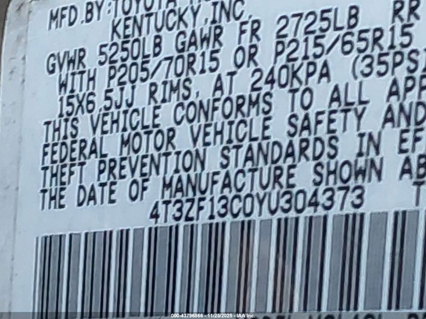 2000 Toyota Sienna Xle VIN: 4T3ZF13C0YU304373 Lot: 43796866