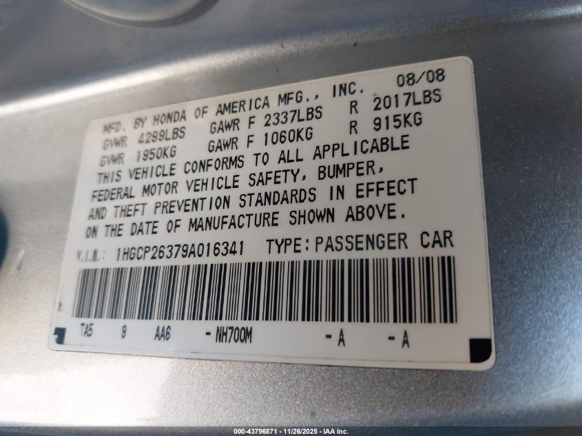 2009 Honda Accord 2.4 Lx VIN: 1HGCP26379A016341 Lot: 43796871