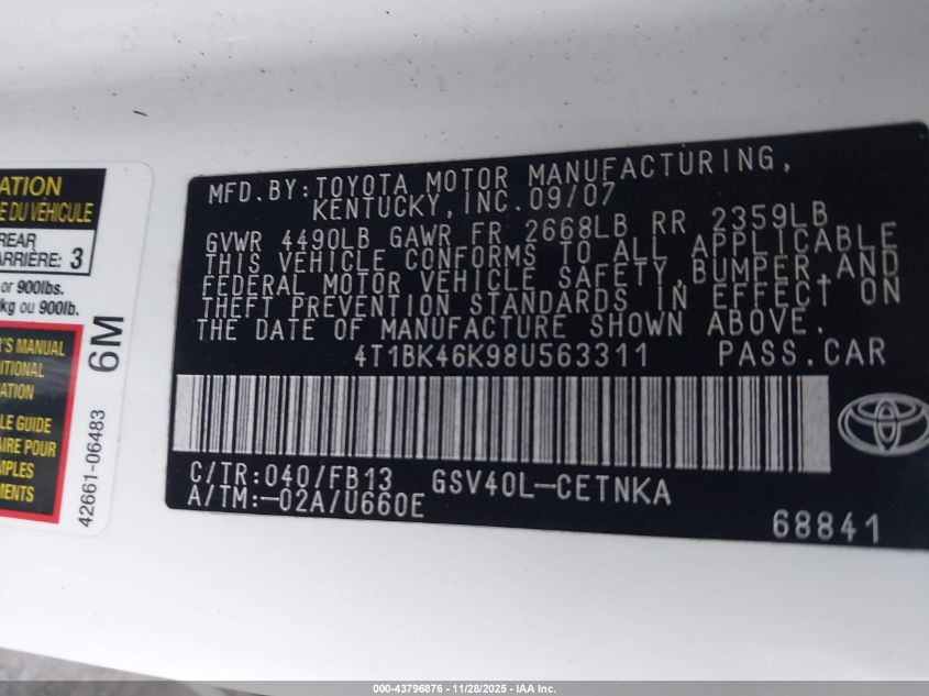 2008 Toyota Camry Le V6 VIN: 4T1BK46K98U563311 Lot: 43796876