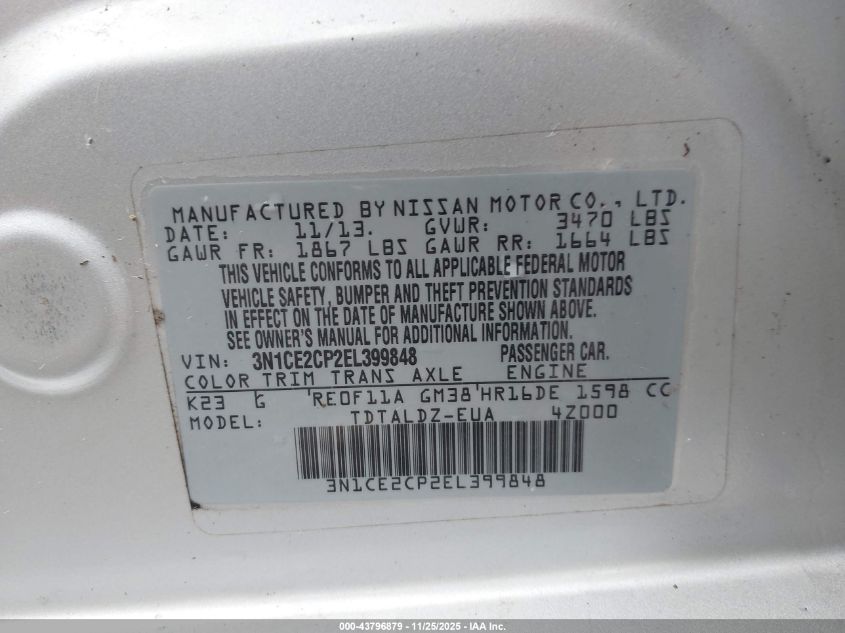 2014 Nissan Versa Note Sv VIN: 3N1CE2CP2EL399848 Lot: 43796879