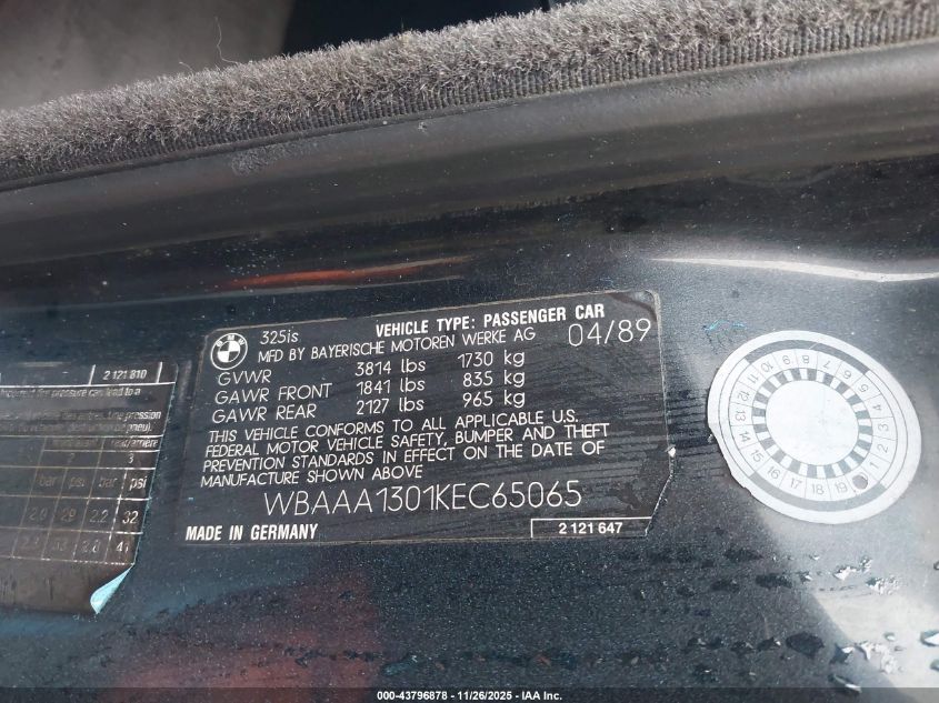 1989 BMW 325 I/Is VIN: WBAAA1301KEC65065 Lot: 43796878