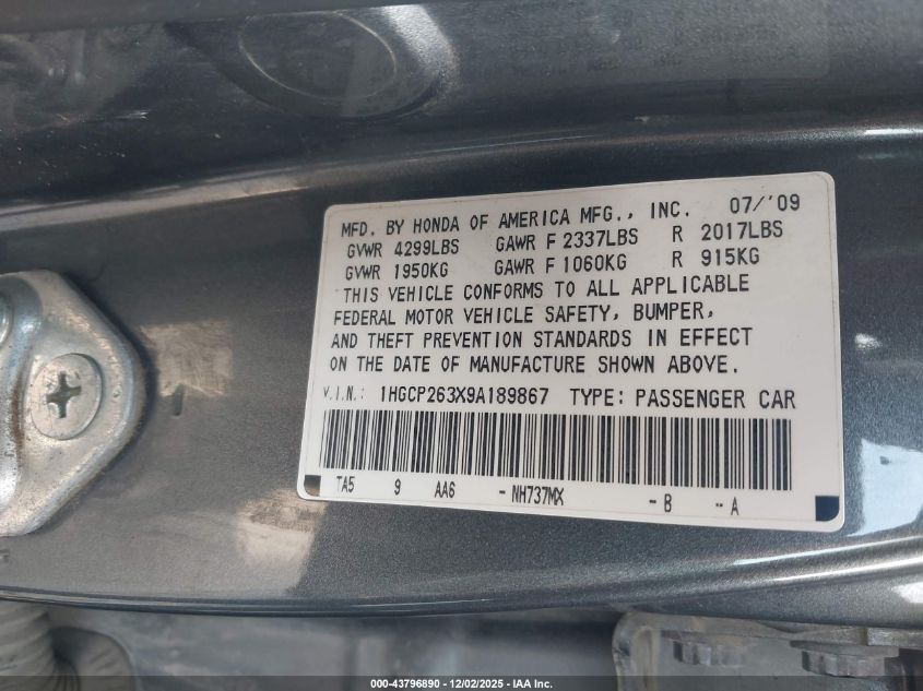 2009 Honda Accord 2.4 Lx VIN: 1HGCP263X9A189867 Lot: 43796890
