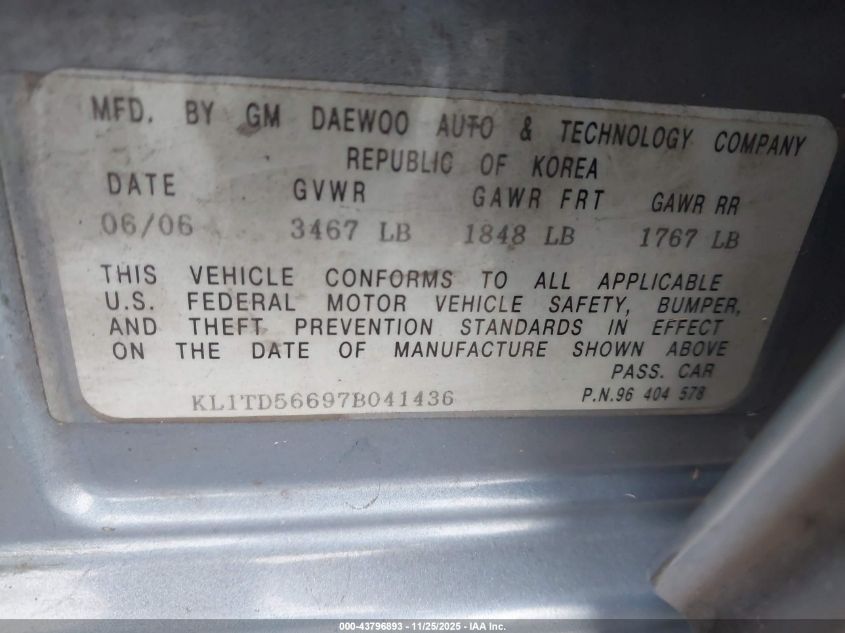 2007 Chevrolet Aveo Ls VIN: KL1TD56697B041436 Lot: 43796893