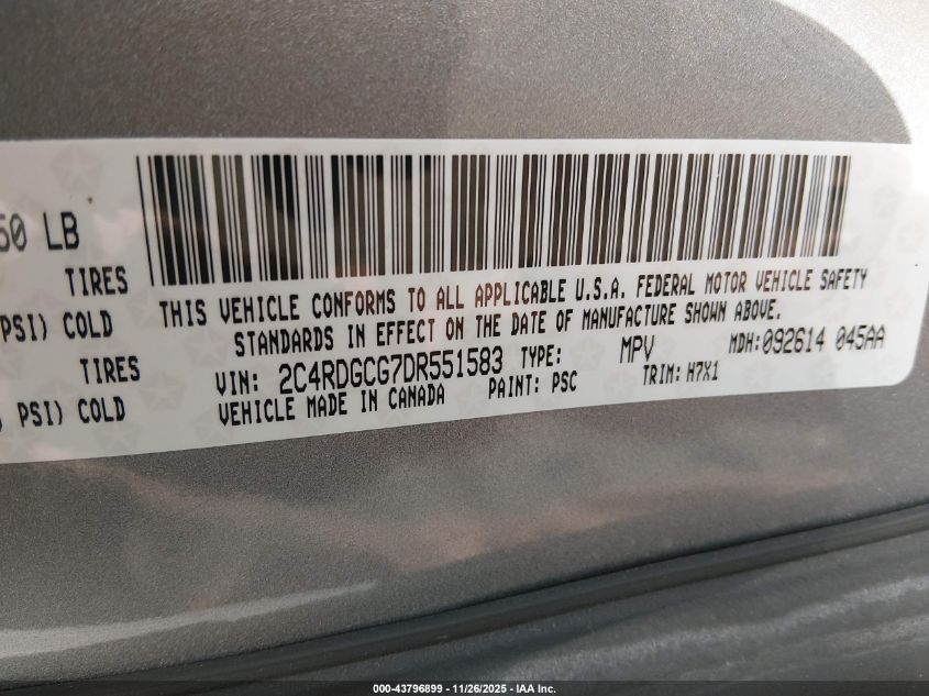 2013 Dodge Grand Caravan Sxt VIN: 2C4RDGCG7DR551583 Lot: 43796899