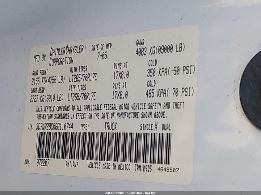 2006 Dodge Ram 2500 Slt/Sport VIN: 3D7KR28C06G110744 Lot: 43796900