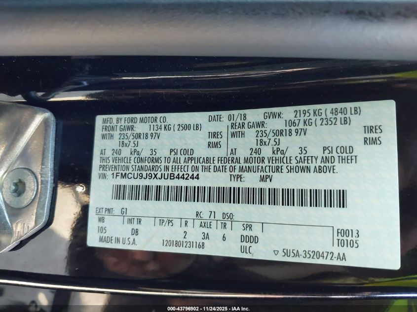 2018 Ford Escape Titanium VIN: 1FMCU9J9XJUB44244 Lot: 43796902