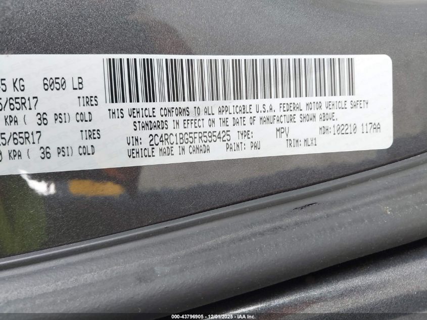 2015 Chrysler Town & Country Touring VIN: 2C4RC1BG5FR595425 Lot: 43796905