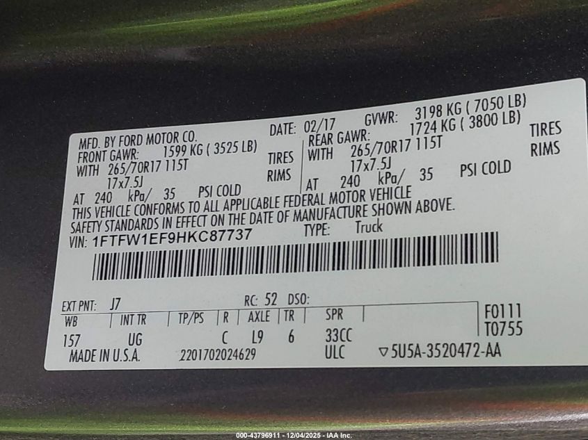 2017 Ford F-150 Xlt VIN: 1FTFW1EF9HKC87737 Lot: 43796911
