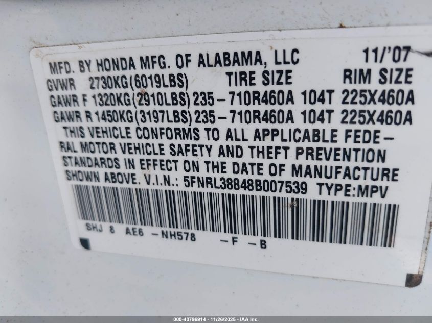 2008 Honda Odyssey Touring VIN: 5FNRL38848B007539 Lot: 43796914