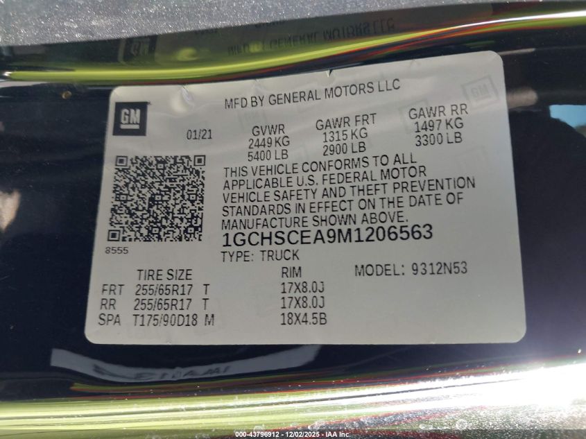 2021 Chevrolet Colorado 2Wd Long Box Lt VIN: 1GCHSCEA9M1206563 Lot: 43796912