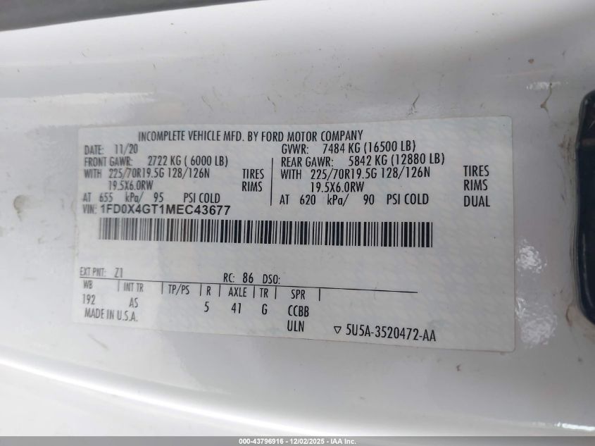 2021 Ford F-450 Chassis Xl VIN: 1FD0X4GT1MEC43677 Lot: 43796916