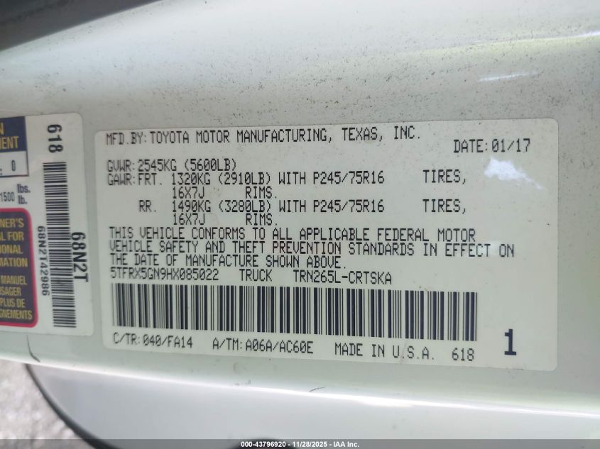2017 Toyota Tacoma Sr VIN: 5TFRX5GN9HX085022 Lot: 43796920