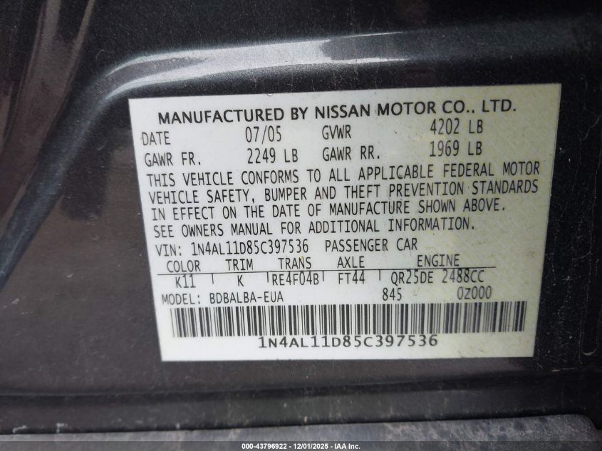 2005 Nissan Altima 2.5 S VIN: 1N4AL11D85C397536 Lot: 43796922