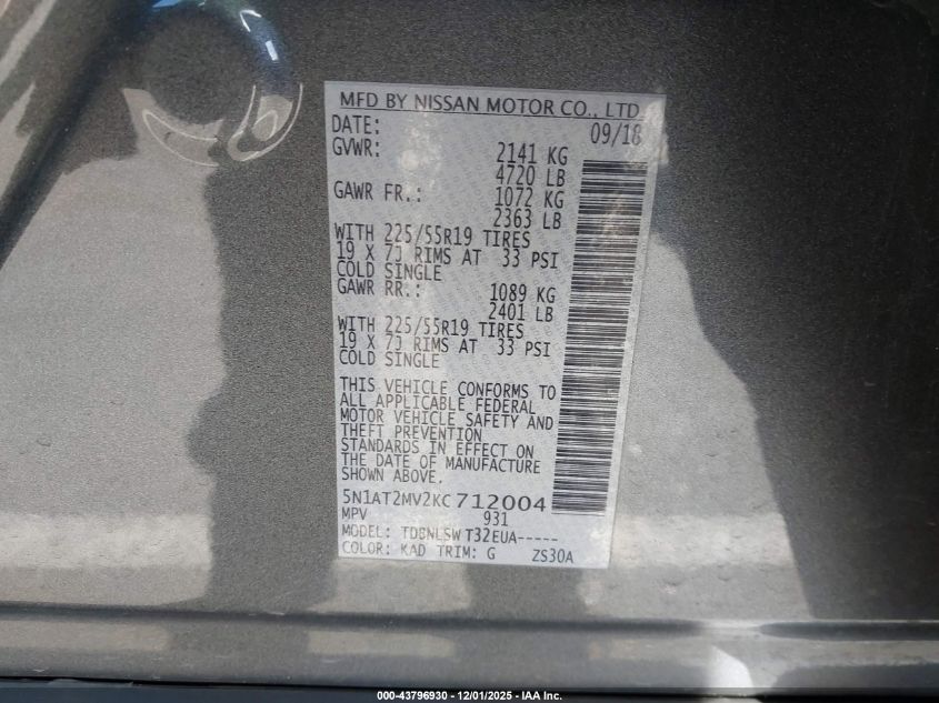 2019 Nissan Rogue Sl VIN: 5N1AT2MV2KC712004 Lot: 43796930