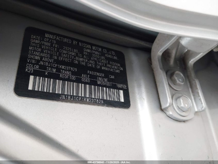 2019 Nissan Rogue Sport Sv VIN: JN1BJ1CP1KW237829 Lot: 43796940
