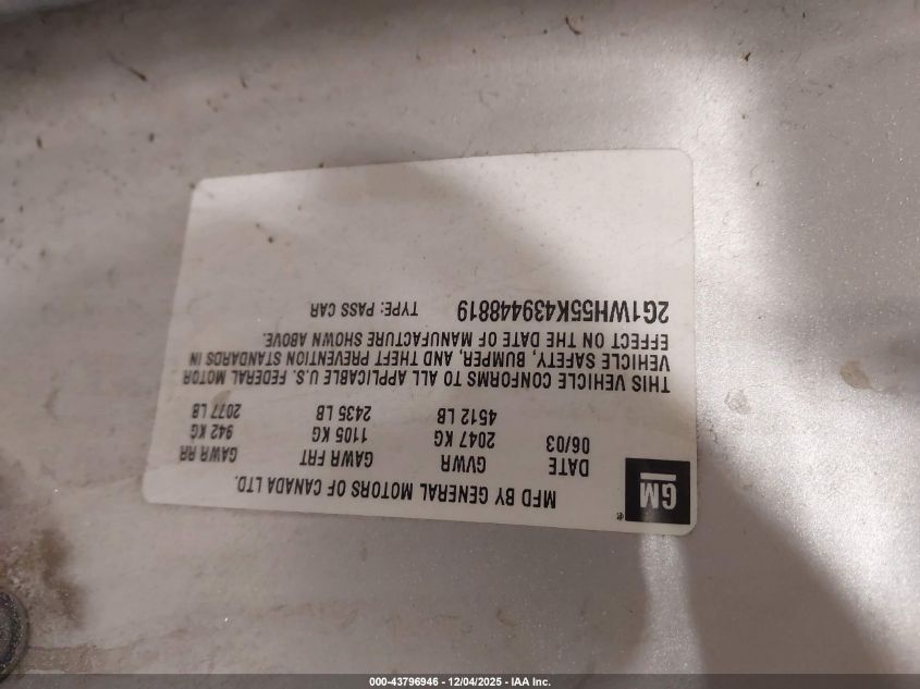 2003 Chevrolet Impala Ls VIN: 2G1WH55K439448819 Lot: 43796946