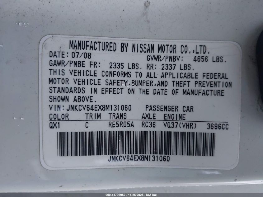 2008 Infiniti G37 VIN: JNKCV64EX8M131060 Lot: 43796950