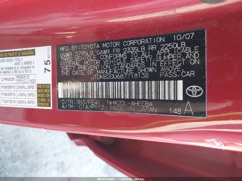 2008 Toyota Prius VIN: JTDKB20U687718138 Lot: 43796951