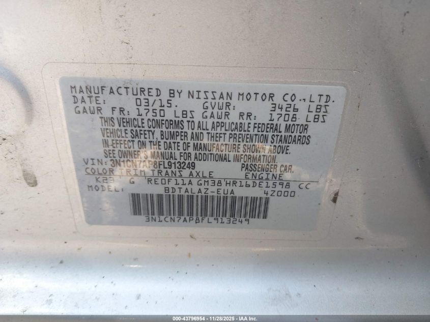 2015 Nissan Versa 1.6 S+ VIN: 3N1CN7AP8FL913249 Lot: 43796954