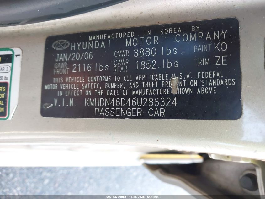 2006 Hyundai Elantra Gls/Limited VIN: KMHDN46D46U286324 Lot: 43796965