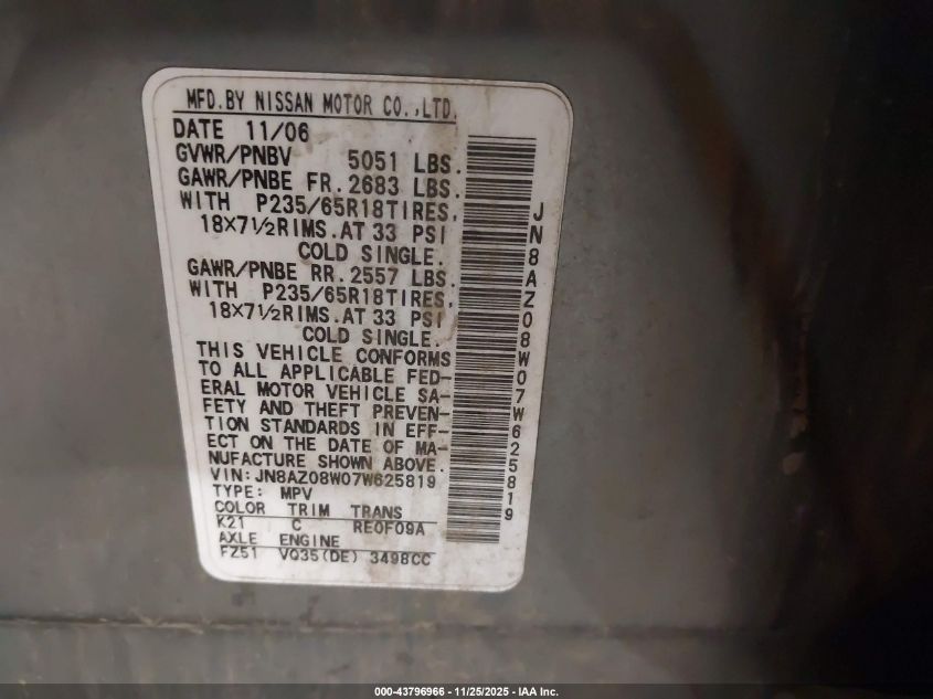 2007 Nissan Murano Se VIN: JN8AZ08W07W625819 Lot: 43796966