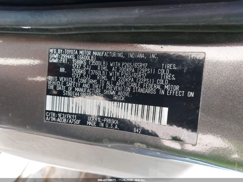 2006 Toyota Tundra Sr5 V8 VIN: 5TBDT44186S514700 Lot: 43796973