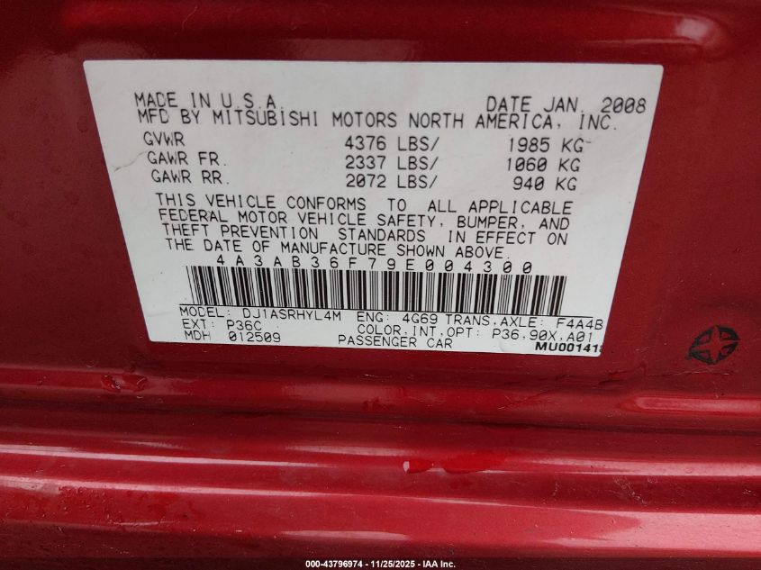 2009 Mitsubishi Galant Es/Sport Edition VIN: 4A3AB36F79E004300 Lot: 43796974