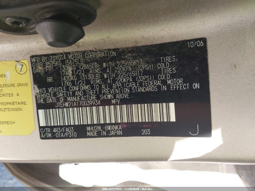 2007 Toyota Highlander Hybrid V6 VIN: JTEHW21A170039934 Lot: 43797002