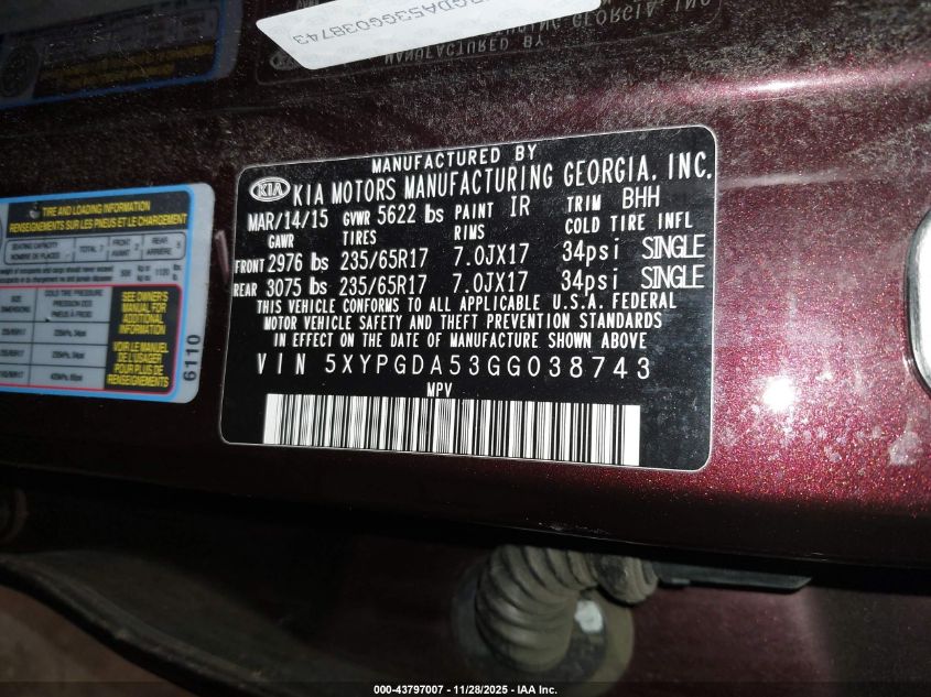 2016 Kia Sorento 3.3L Lx VIN: 5XYPGDA53GG038743 Lot: 43797007