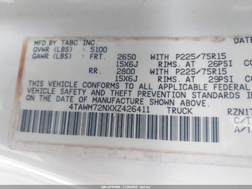 1999 Toyota Tacoma VIN: 4TAWM72NXXZ426411 Lot: 43797009