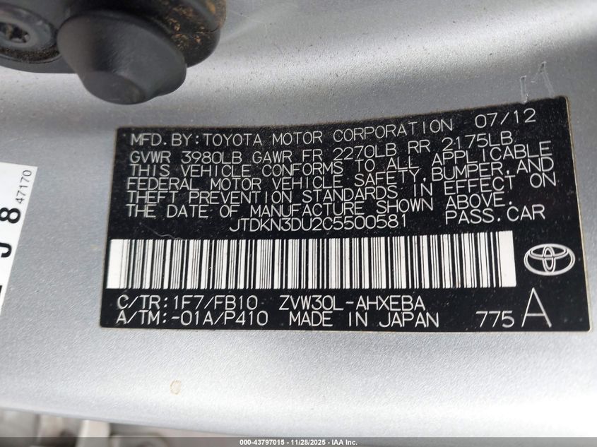 2012 Toyota Prius Three VIN: JTDKN3DU2C5500581 Lot: 43797015