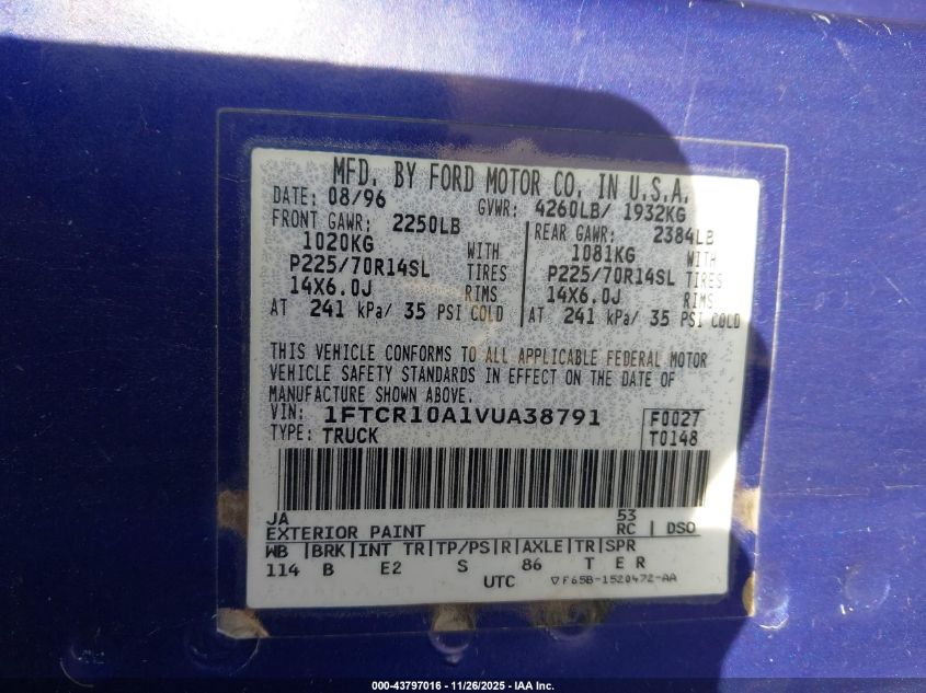 1997 Ford Ranger Splash/Xl/Xlt VIN: 1FTCR10A1VUA38791 Lot: 43797016