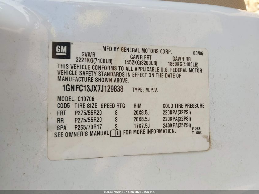 2007 Chevrolet Tahoe Ltz VIN: 1GNFC13JX7J129838 Lot: 43797018