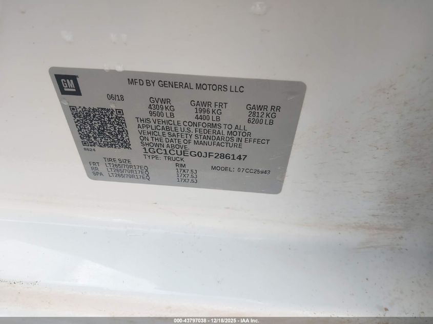 2018 Chevrolet Silverado 2500Hd Wt VIN: 1GC1CUEG0JF286147 Lot: 43797038