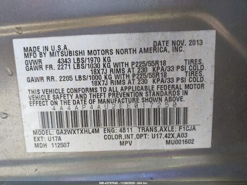 2014 Mitsubishi Outlander Sport Se VIN: 4A4AP4AU2EE017250 Lot: 43797045