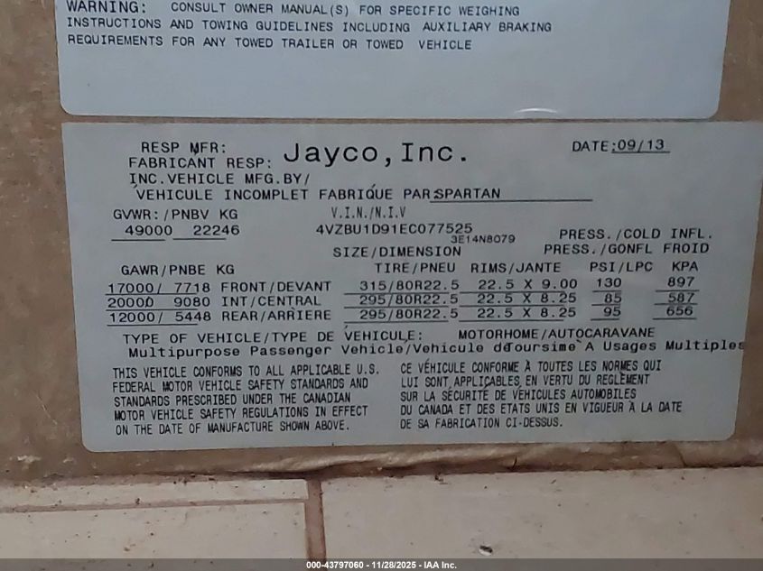 2014 Spartan Motors Motorhome 4Vz VIN: 4VZBU1D91EC077525 Lot: 43797060